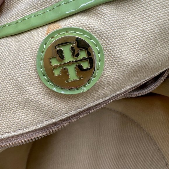 TORY BURCH Beige Canvas and Sage Green Patent Leather Ella Tote Bag - Picture 6 of 9